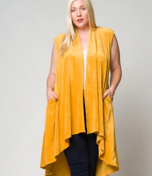 Plus Size Mustard Corduroy Long Hi/Lo Duster - Picture 2 of 7